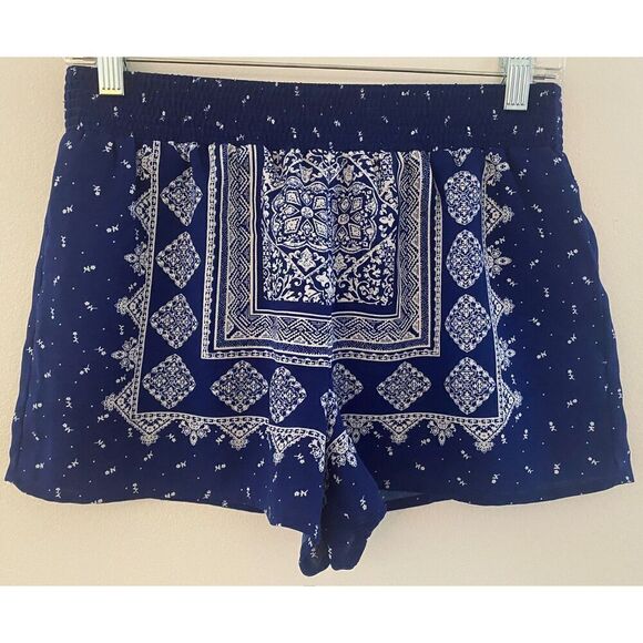 Blue White Patterned Elastic Waist Shorts Women's Juniors Size Medium - Picture 1 of 9